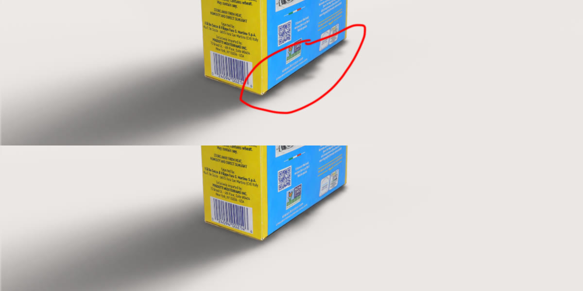 The base of a Gaussian-splat capture of a pasta box shown twice. Above, the shadow beside it breaks into a hard blocky wedge, circled in red by the developer. Below, after the fix, the same shadow falls away as a smooth gradient