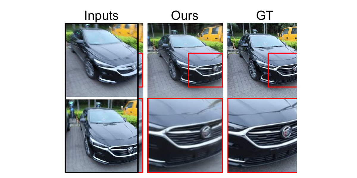 Two smeared input photographs of a black car, beside the method's reconstructed view and the ground truth, with the grille crop enlarged underneath each