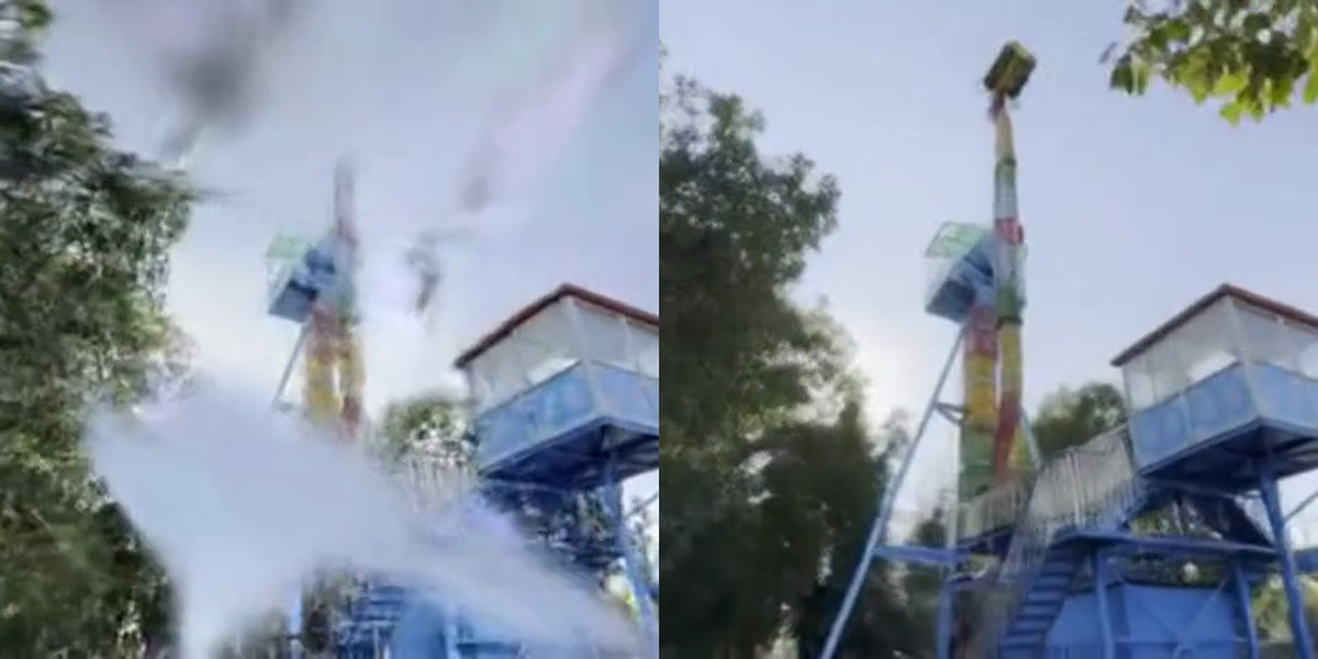 A fairground drop-tower ride rendered twice: on the left from a degraded reconstruction, where the tower and foliage dissolve into white streaks and smears, and on the right after refinement, sharp and photographic against a clear sky