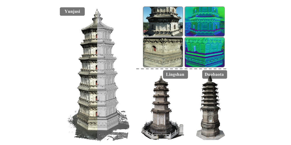 A reconstruction of the Yunjusi pagoda split down the middle, textured on one half and bare mesh on the other, beside two more pagodas and close-ups of carved eaves rendered as surface normals