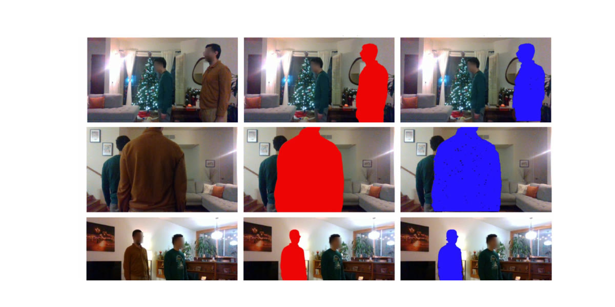 Three living-room scenes in a grid: the original capture, the ground-truth mask with one person filled in red, and the system's predicted mask filling the same person in blue