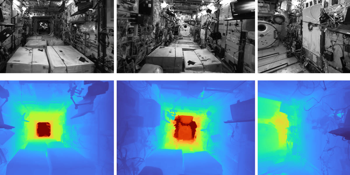 Three grayscale novel views of the International Space Station's Kibō module — a stowage corridor, an airlock hatch and a crew workstation — above their corresponding rainbow-coloured depth maps