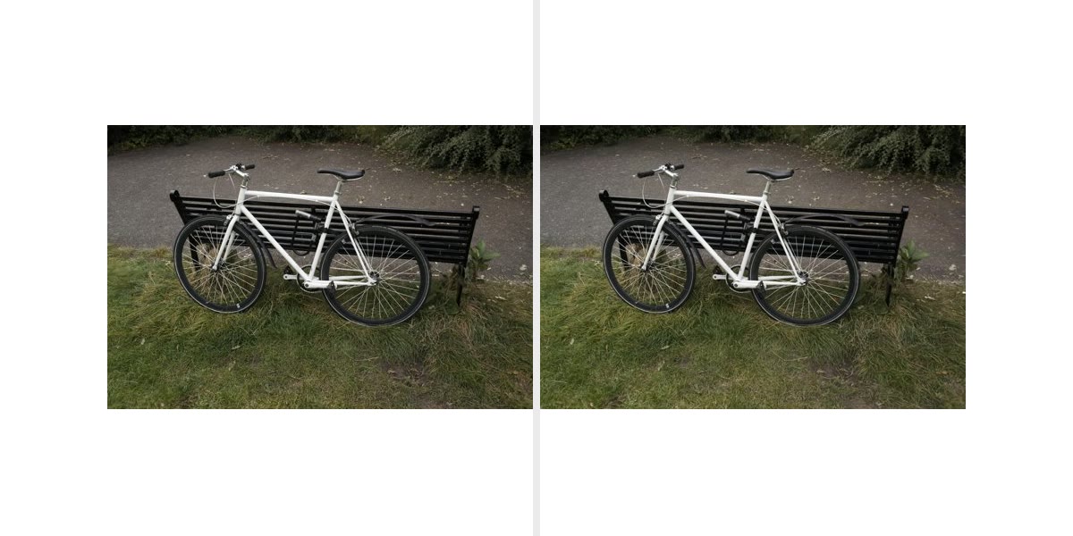 The same view of a white bicycle leaning against a black bench on grass, rendered twice side by side — once from the uncompressed reconstruction and once from the compressed one — with no visible difference between them