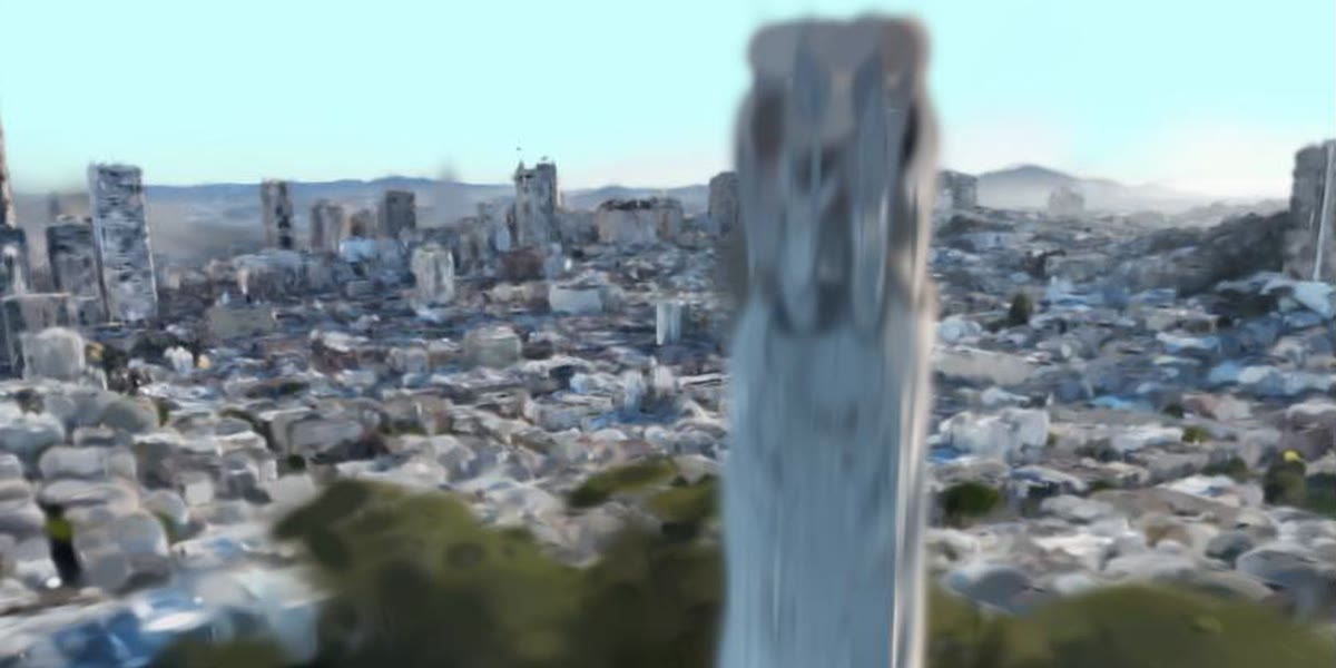 A soft, hazy Gaussian splat render of San Francisco seen from Telegraph Hill, with Coit Tower rising in the centre of the frame and the downtown skyline behind it