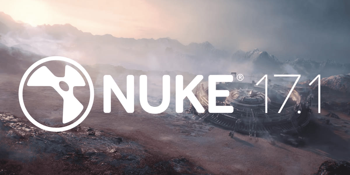 The Nuke logo and the version number 17.1 set over a misty mountain landscape with a large circular structure on the valley floor