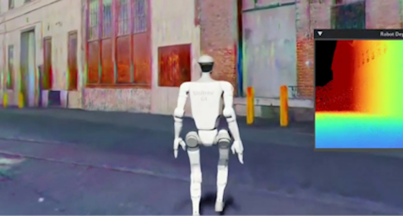 A humanoid robot walks through a gaussian-splat scan of a city street, with a depth-map overlay in the corner