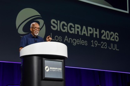 A speaker on stage at SIGGRAPH 2026 in Los Angeles