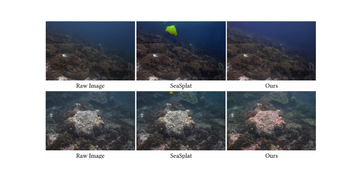Two rows of underwater reef photographs, each showing a raw teal-cast frame, a SeaSplat restoration and NemoSplat's restoration, in which the water's colour cast lifts and pink and orange coral becomes visible