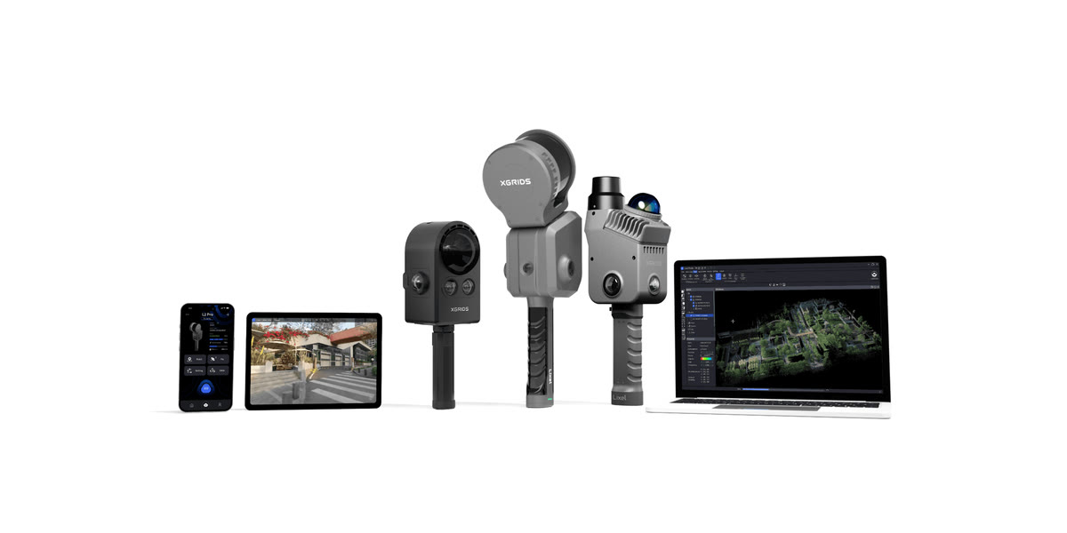 The XGrids line-up — phone and tablet running the capture app, three handheld Lixel scanners, and a laptop showing a captured site open in LCC Studio